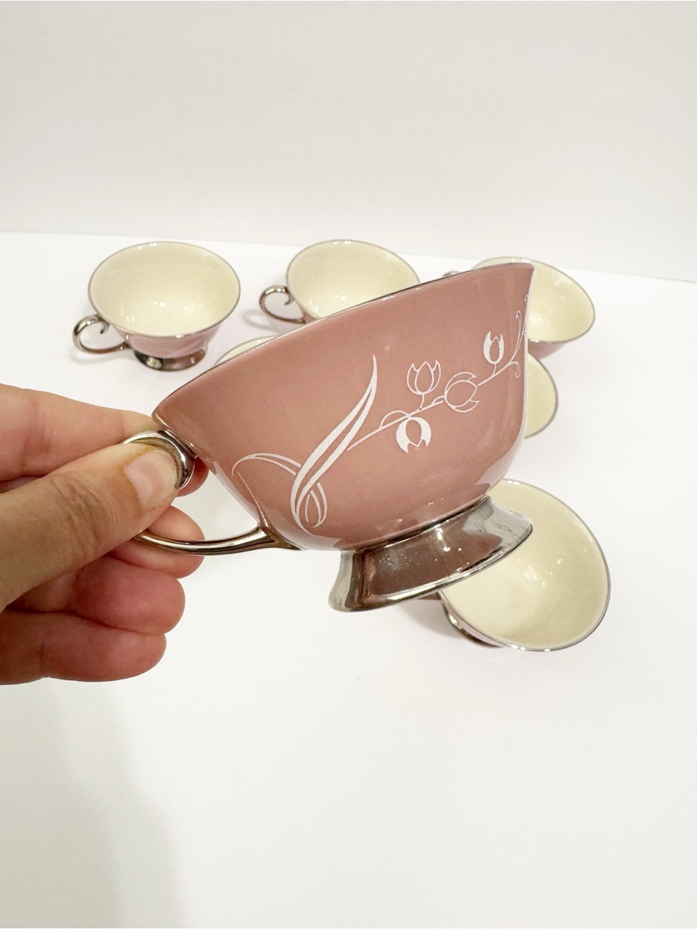 Flint ridge snow tulip Pink Floral Porcelain Teacup with Silver Trim 7 Set 1960’